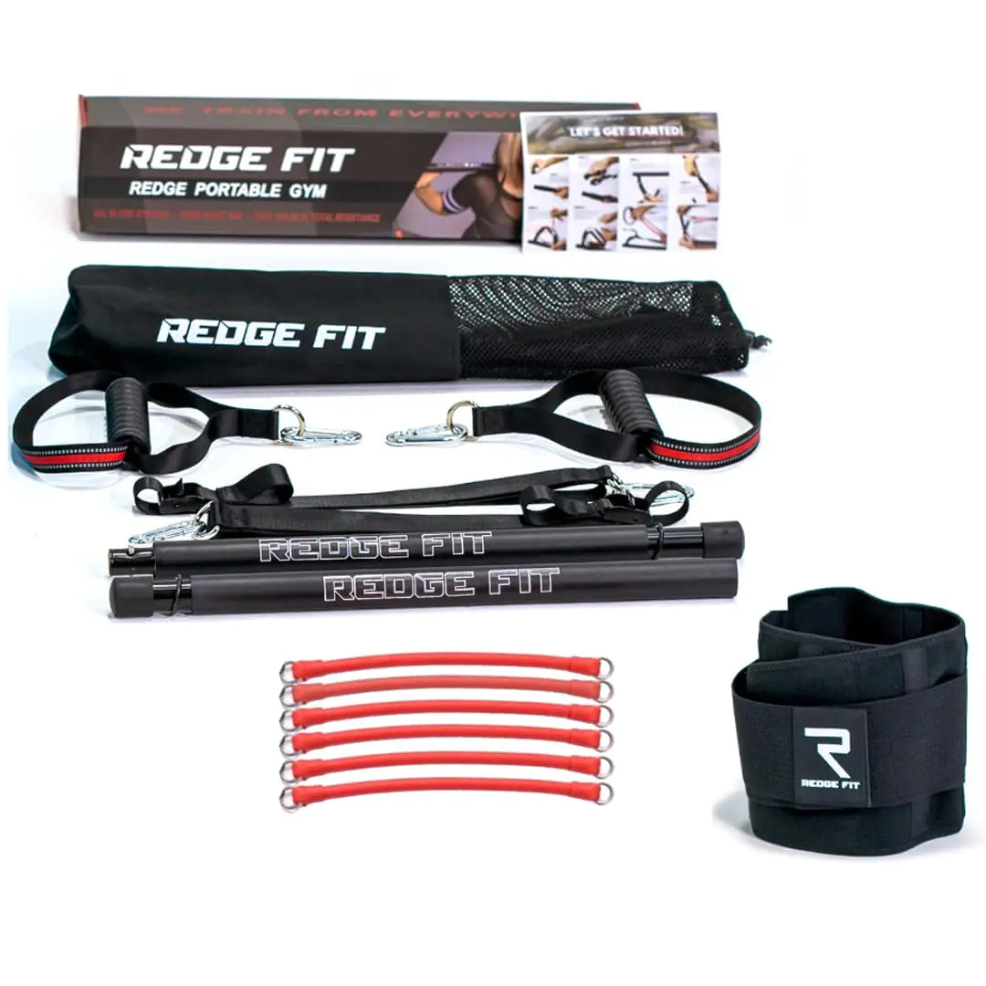 Redge Fit™ Complete Portable Full Body Home Gym Park Workout Set | 6 Tension Bars + Black Waist Belt-Medium