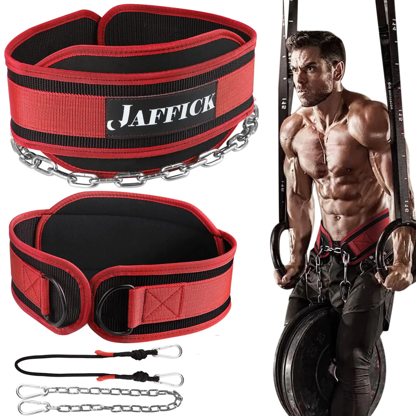 Jaffick Dip Belt of Premium Nylon Support Gym Lifting Workout Belt for Men Women Powerlifting Weightlifting Pull Ups Dips - 39" Heavy Duty Steel Chain and 41" Rope for Added Weight Training