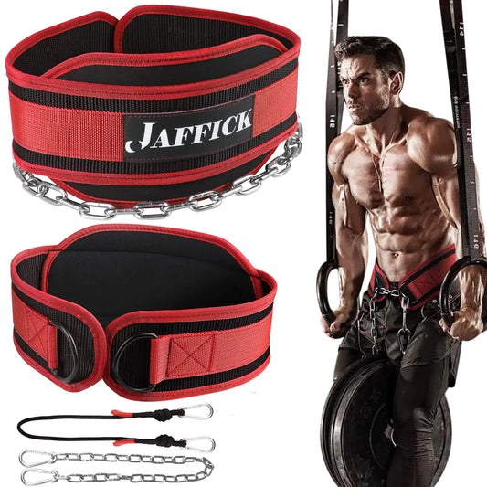 Jaffick Dip Belt of Premium Nylon Support Gym Lifting Workout Belt for Men Women Powerlifting Weightlifting Pull Ups Dips - 39" Heavy Duty Steel Chain and 41" Rope for Added Weight Training
